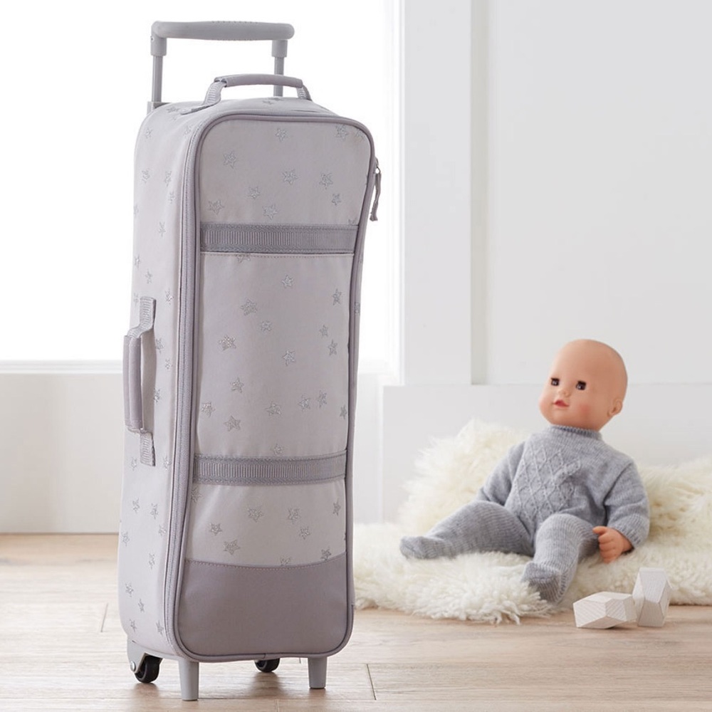 Pottery Barn Kids Götz rolling doll carrier. NWT. Gray with silver stars.